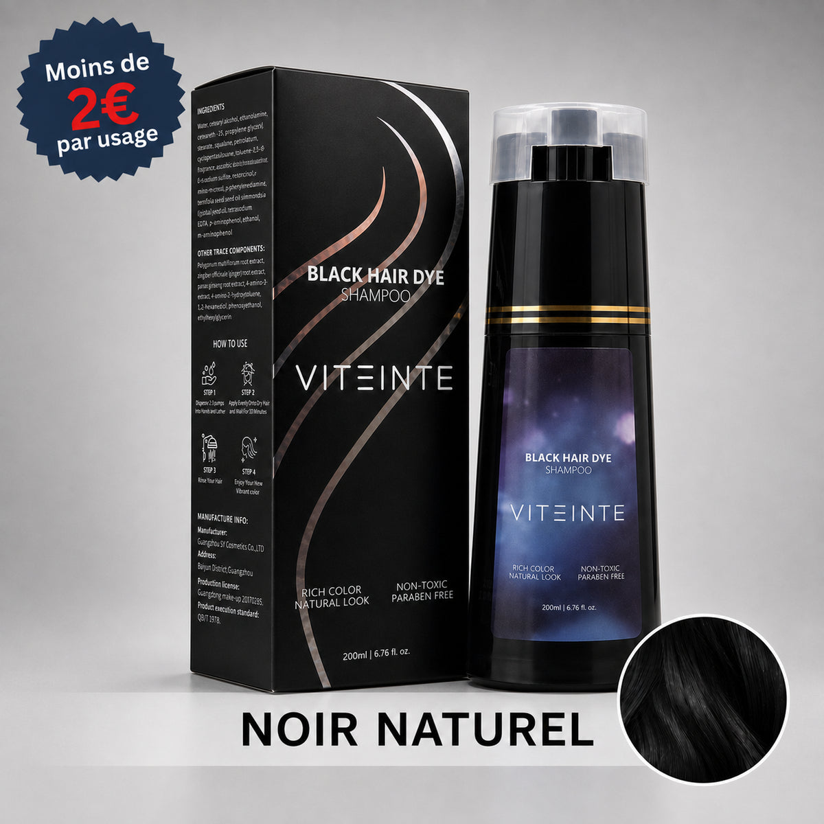 Shampoing colorant cheveux noir Viteinte #Couleur_Noir