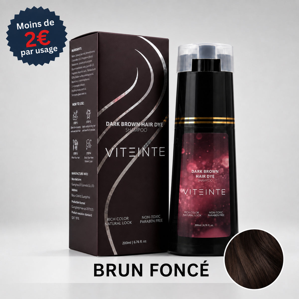 Shampoing colorant cheveux brun foncé Viteinte #Couleur_Brun Foncé