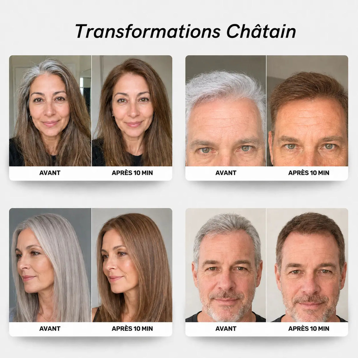 Avant après couverture des cheveux blancs #Couleur_Châtain